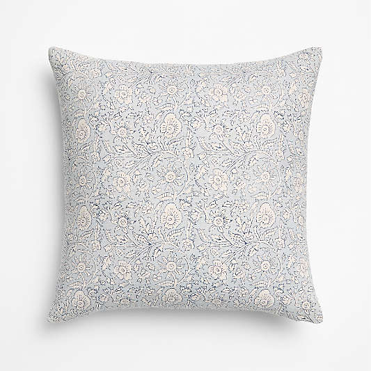 Whitney Linen 20"x20" Pale Blue Floral Hand Printed Throw Pillow Cover