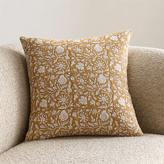 Whitney Linen 20"x20" Moroccan Ocher Floral Hand Printed Throw Pillow Cover