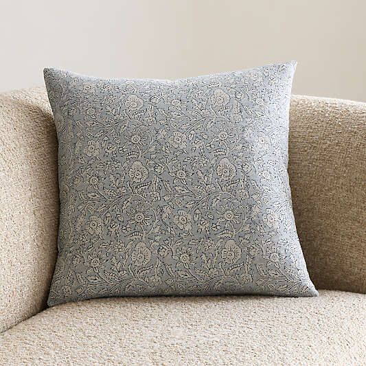 Whitney Linen 20"x20" Pale Blue Floral Hand Printed Throw Pillow with Down-Alternative Insert