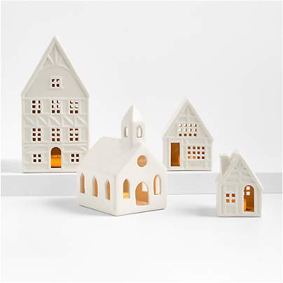 White Ceramic Holiday House, Set of 4