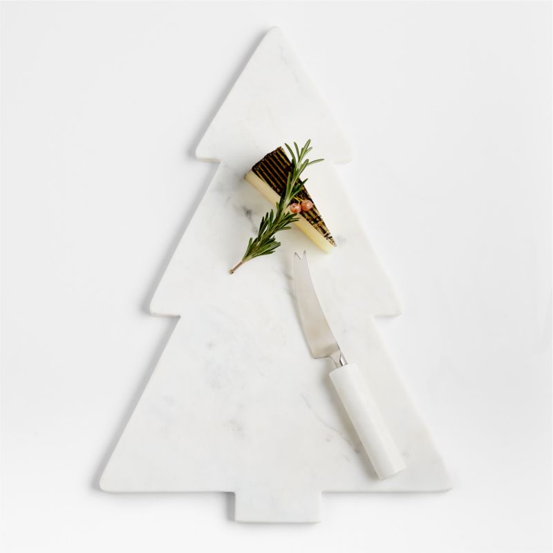 White Marble Holiday Tree Cheese Board with Knife