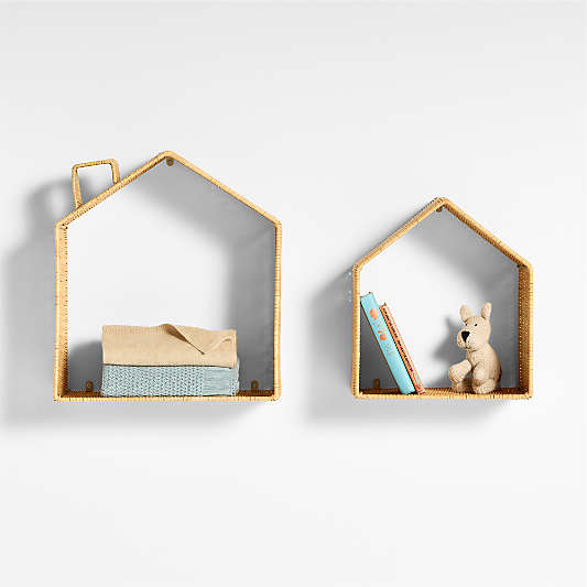 Wicker House Shaped Wall Shelves, Set of 2