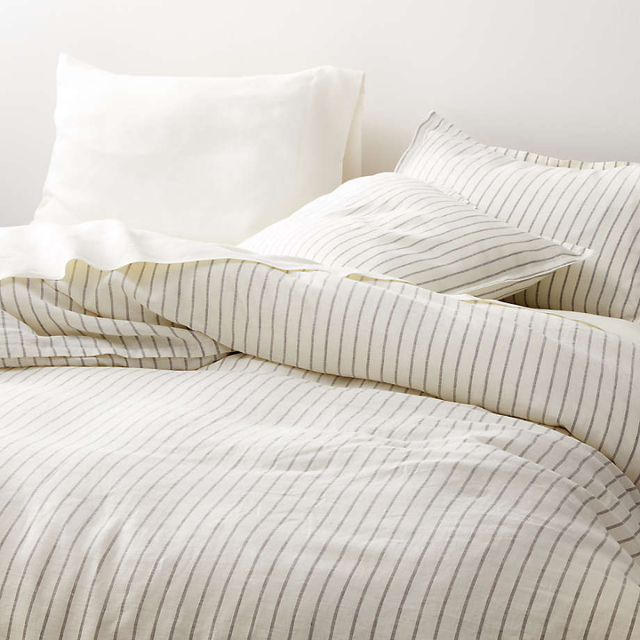 Pure Linen Wide Stripe Warm White King Duvet Cover Crate & Barrel