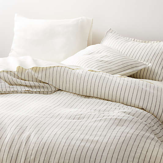 Pure Linen Wide Stripe Warm White Full/Queen Duvet Cover