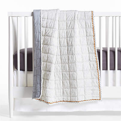 Blue Windowpane Plaid Organic Cotton Baby Crib Quilt