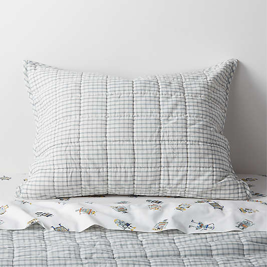 Kids Blue Windowpane Plaid Cotton Pillow Sham