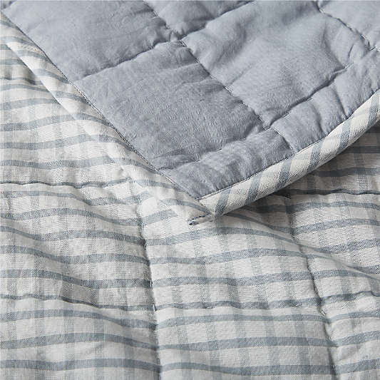 Kids Blue Windowpane Plaid Cotton Quilt Bedding Set