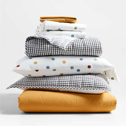 Kids Grey Windowpane Plaid Cotton Bedding Bundle Set