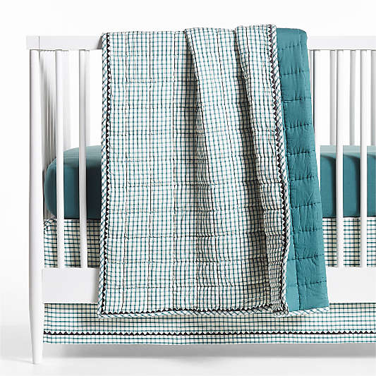 Teal Windowpane Plaid Organic Cotton Baby Crib Quilt