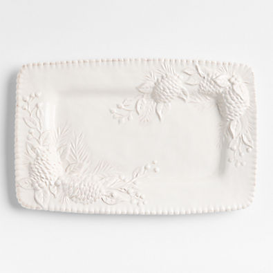 View White Embossed Pinecone Stoneware Platter details