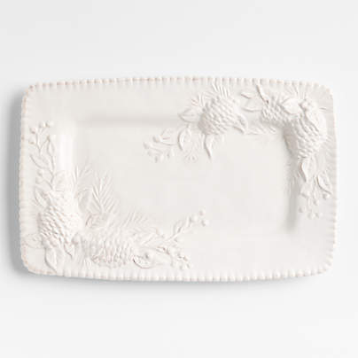 White Embossed Pinecone Stoneware Platter