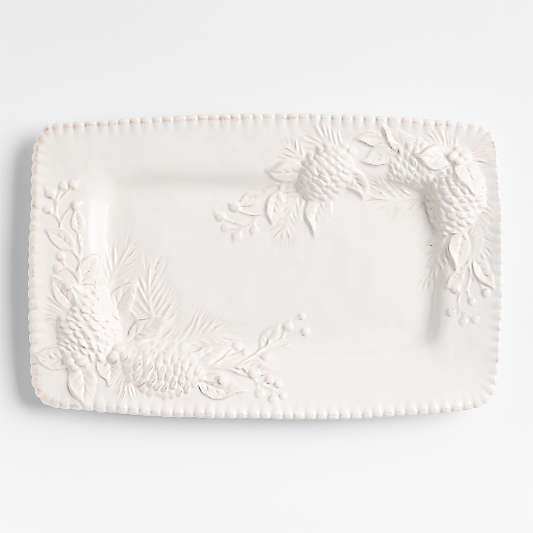 White Embossed Pinecone Stoneware Platter