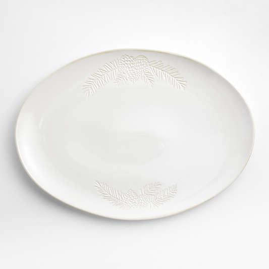 Winter Pinecone Oval White Stoneware Platter