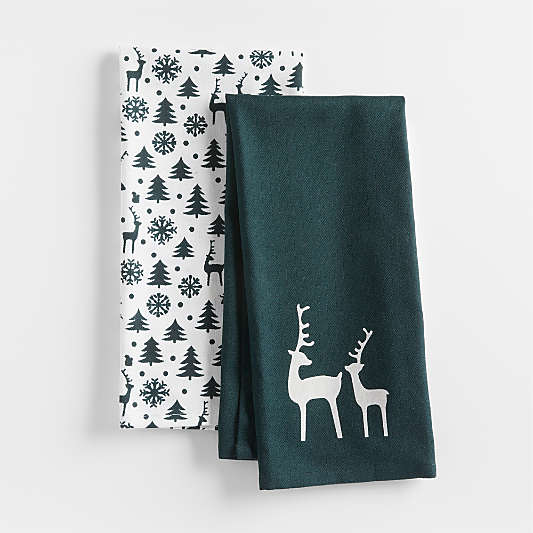 Winter Reindeer Green Organic Cotton Dish Towels, Set of 2