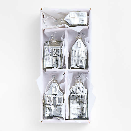 Mercury Glass Winter Village Christmas Ornaments, Set of 5