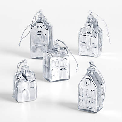 Mercury Glass Winter Village Christmas Ornaments, Set of 5