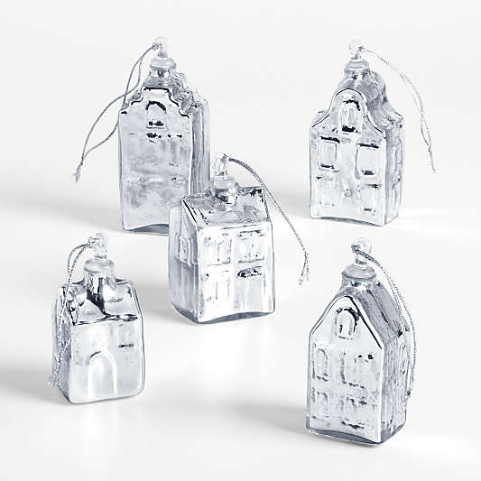 Mercury Glass Winter Village Christmas Ornaments, Set of 5