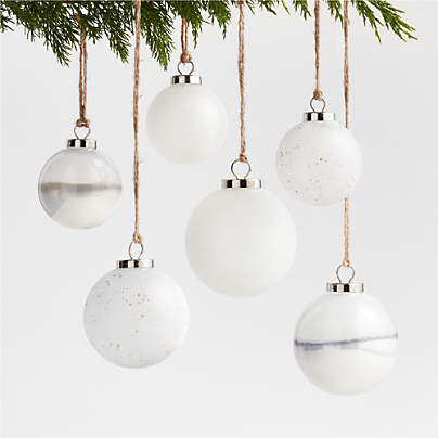 Winter White Glass Christmas Tree Ornaments, Set of 6