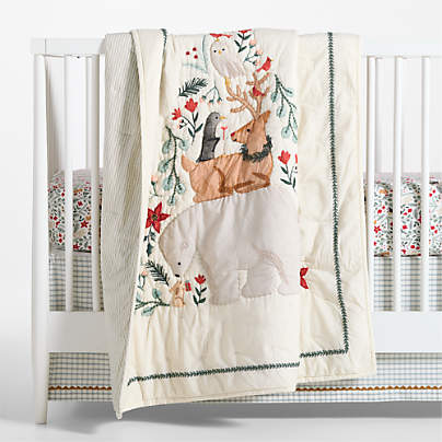 Winter Wonderland Embroidered Organic Cotton Baby Crib Quilt