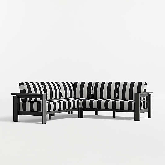 Walker Metal 3-Piece Outdoor Sectional Sofa with Black and White Cabana Stripe Sunbrella ® Cushions