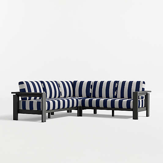 Walker Metal 3-Piece Outdoor Sectional Sofa with Navy and White Cabana Stripe Sunbrella ® Cushions