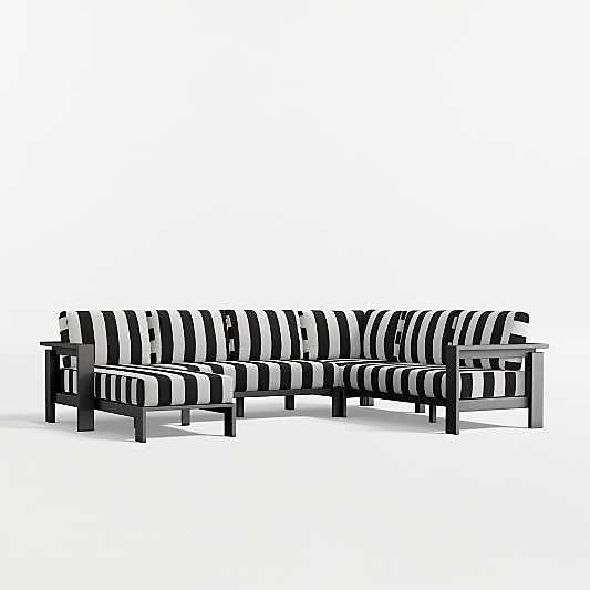 Walker Metal 4-Piece Left-Arm Chaise Outdoor Sectional Sofa with Black and White Cabana Stripe Sunbrella ® Cushions
