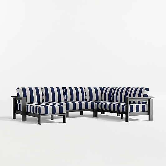 Walker 4-Piece Left-Arm Chaise Metal Outdoor Sectional Sofa with Canvas Navy and White Cabana Stripe Sunbrella ® Cushions