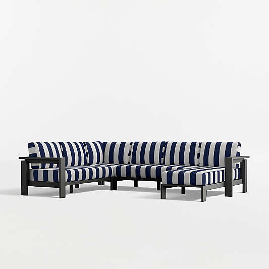 Walker 4-Piece Right-Arm Chaise Metal Outdoor Sectional Sofa with Canvas Navy and White Cabana Stripe Sunbrella ® Cushions
