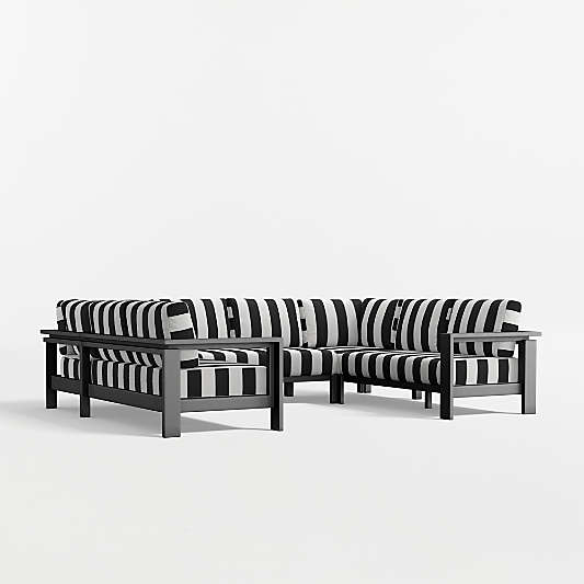 Walker 5-Piece U-Shaped Metal Outdoor Sectional Sofa with Camvas Black and White Cabana Stripe Sunbrella ® Cushions