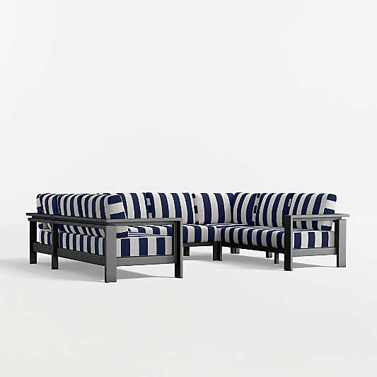 Walker Metal 5-Piece Outdoor Sectional Sofa with Navy and White Cabana Stripe Sunbrella ® Cushions