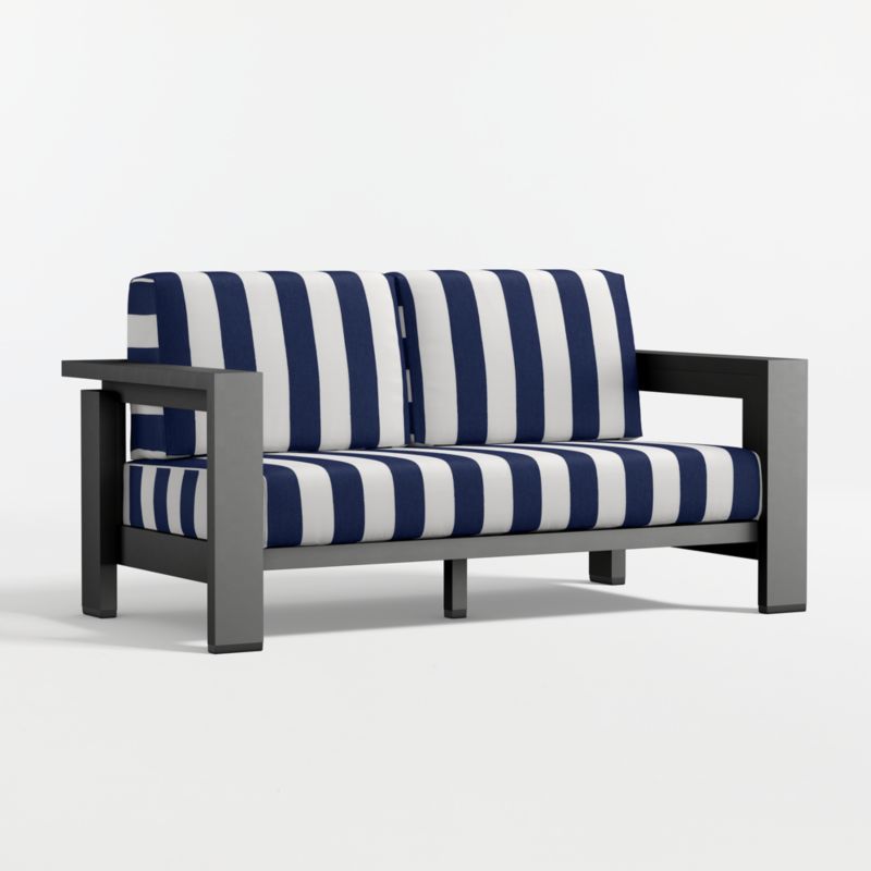 Walker 63" Metal Outdoor Loveseat with Navy and White Cabana Stripe Sunbrella ® Cushions - image 12 of 16