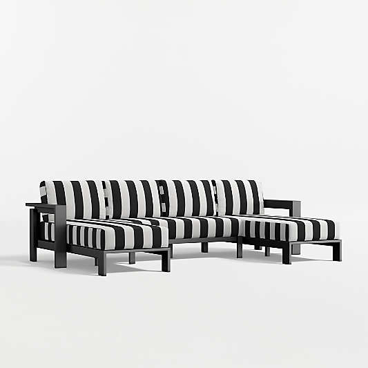 Walker U-Shaped Double-Chaise Metal Outdoor Sectional Sofa with Canvas Black and White Cabana Stripe Sunbrella ® Cushions