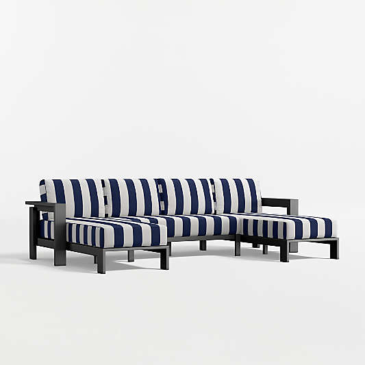 Walker U-Shaped Double-Chaise Metal Outdoor Sectional Sofa with Canvas Navy and White Cabana Stripe Sunbrella ® Cushions