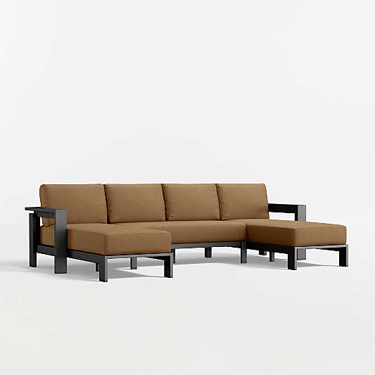 Walker U-Shaped Double-Chaise Metal Outdoor Sectional Sofa with Cast Teak Sunbrella ® Cushions