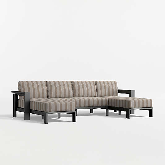 Walker U-Shaped Double-Chaise Metal Outdoor Sectional Sofa with Canvas Range Dune Stripe Sunbrella ® Cushions