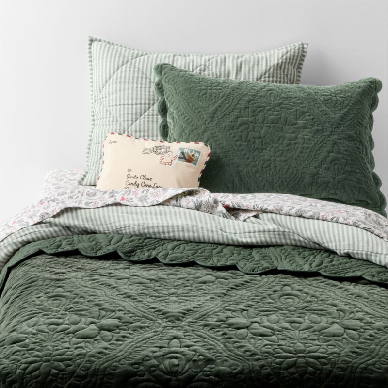 Winter Blooms Pine Green Quilted Organic Cotton Velvet Kids Pillow Sham - image 4 of 5
