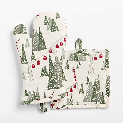 Winter Gondola Organic Cotton Oven Mitt and Pot Holder Set