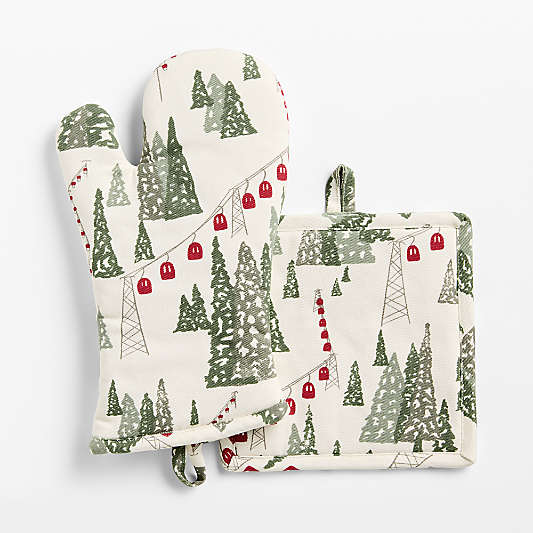 Winter Gondola Organic Cotton Oven Mitt and Pot Holder Set