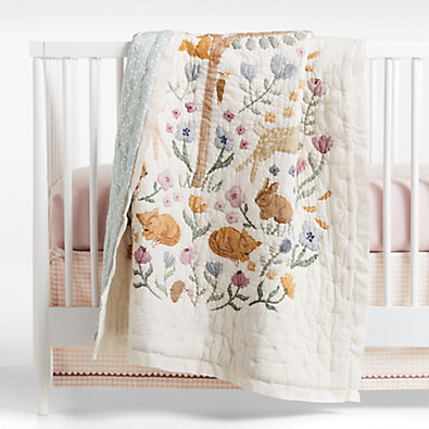 View Wonderland Prairie Embroidered Organic Cotton Voile Baby Crib Quilt details
