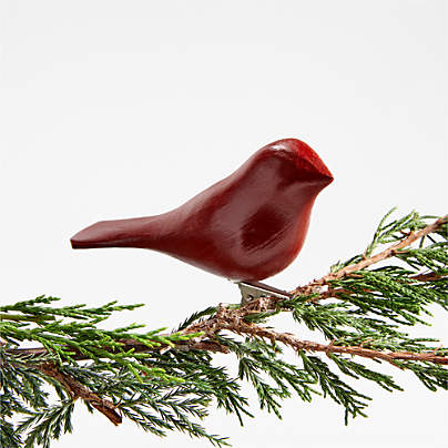 Red Wood Bird Christmas Tree Ornament Clip