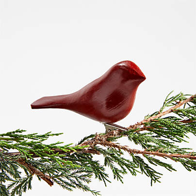 Red Wood Bird Christmas Tree Ornament Clip, Set of 4