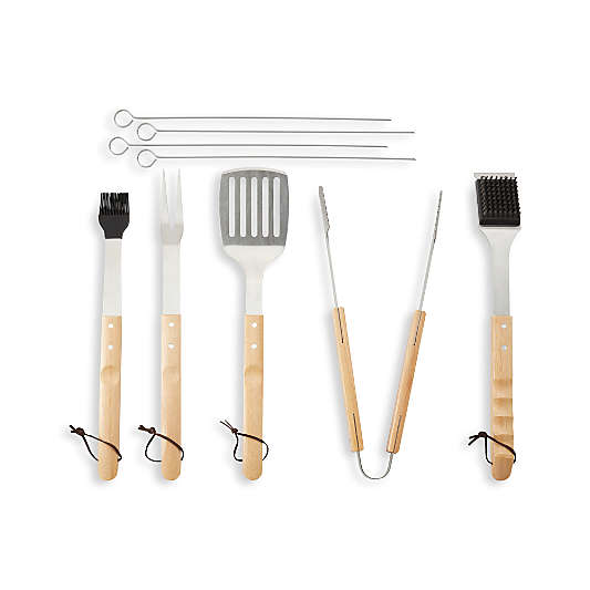 Wood-Handled 9-Piece Barbecue Tool Set