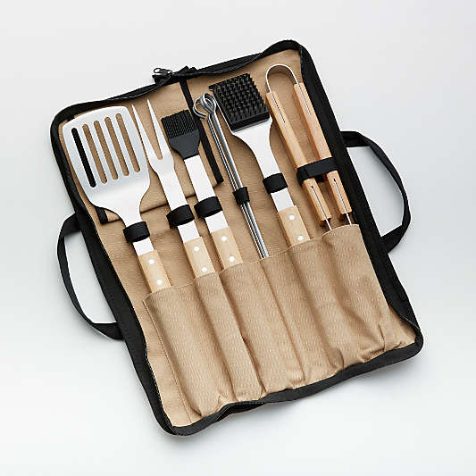 Wood-Handled 9-Piece Barbecue Tool Set