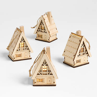 Wood House Christmas Ornaments, Set of 4