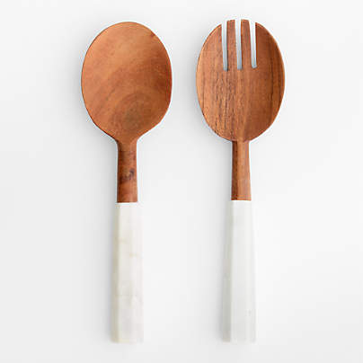 Wood and Marble Salad Servers, Set of 2