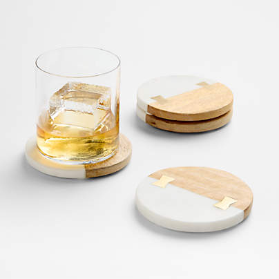Wood and Marble Coasters, Set of 4