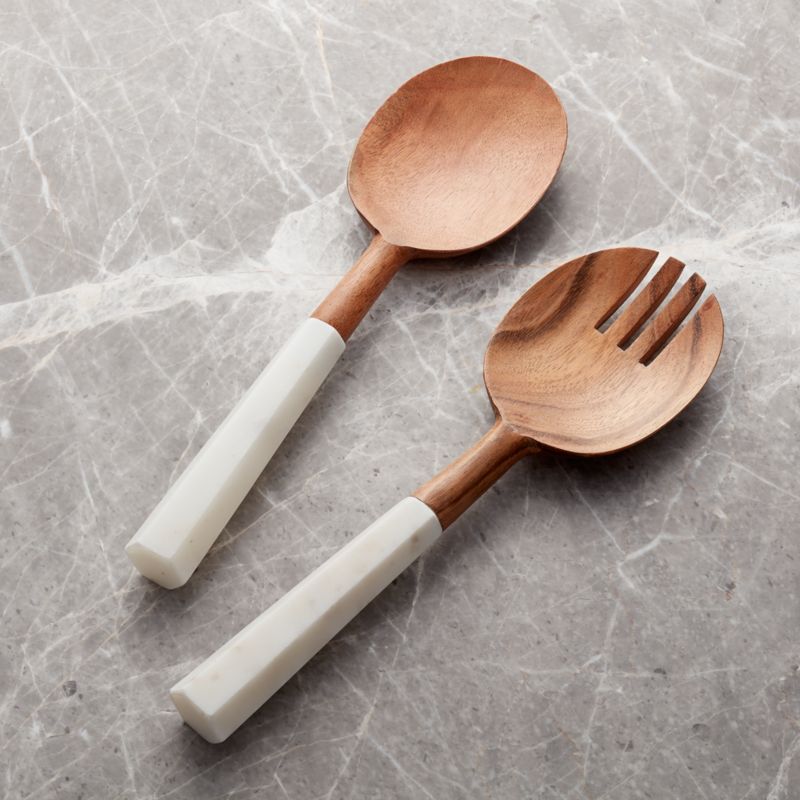 Wood and Marble Salad Servers, Set of 2