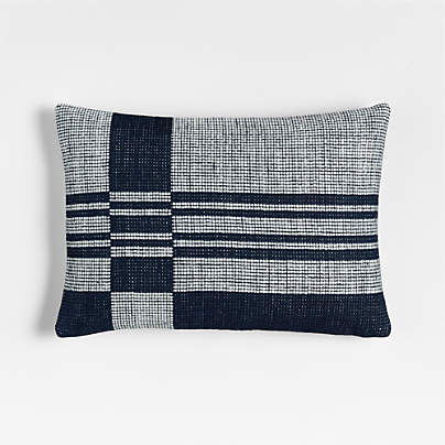 Wool/Linen Plaid 22"x15" Deep Indigo Throw Pillow with Feather Insert