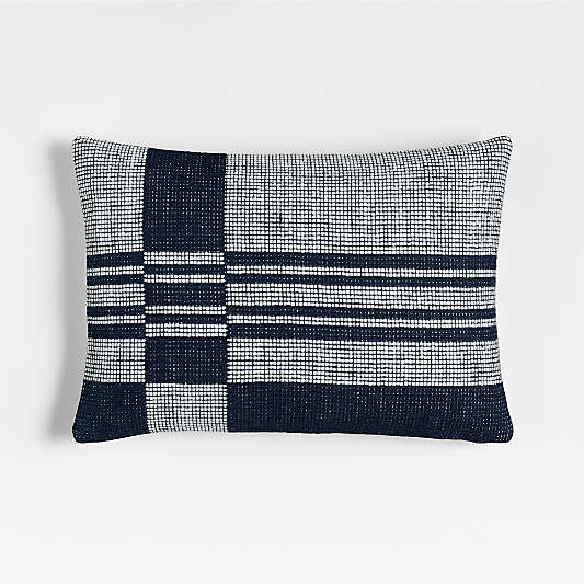 Wool/Linen Plaid 22"x15" Deep Indigo Throw Pillow with Feather Insert