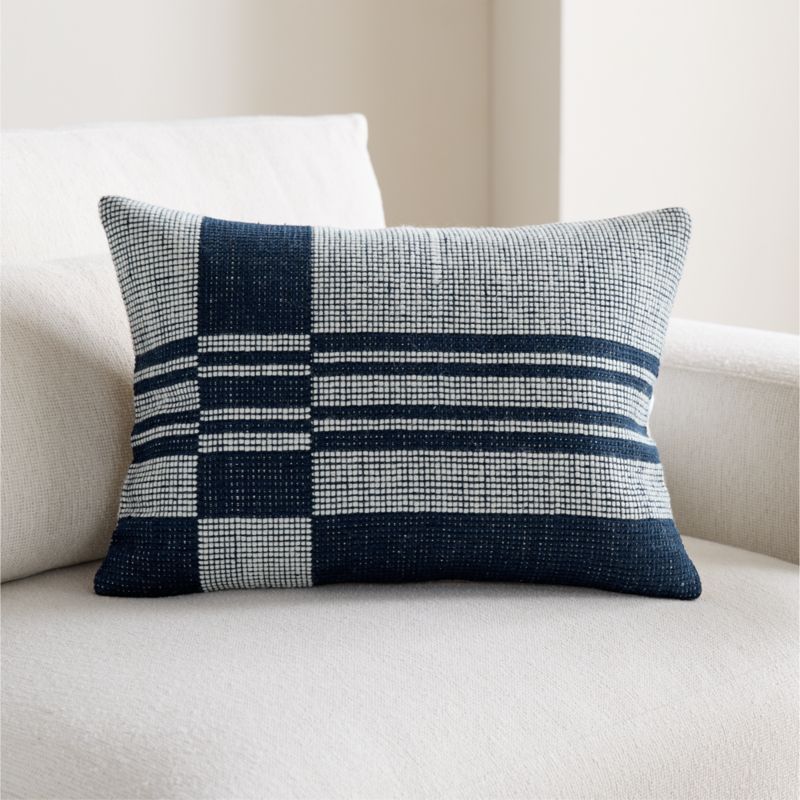 Wool/Linen Plaid 22"x15" Deep Indigo Throw Pillow with Down-Alternative Insert - image 2 of 6